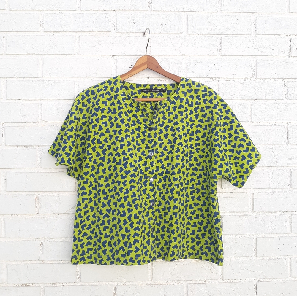 Gudrun Sjoden Lime Green and Navy Geometric Short Sleeve Blouse